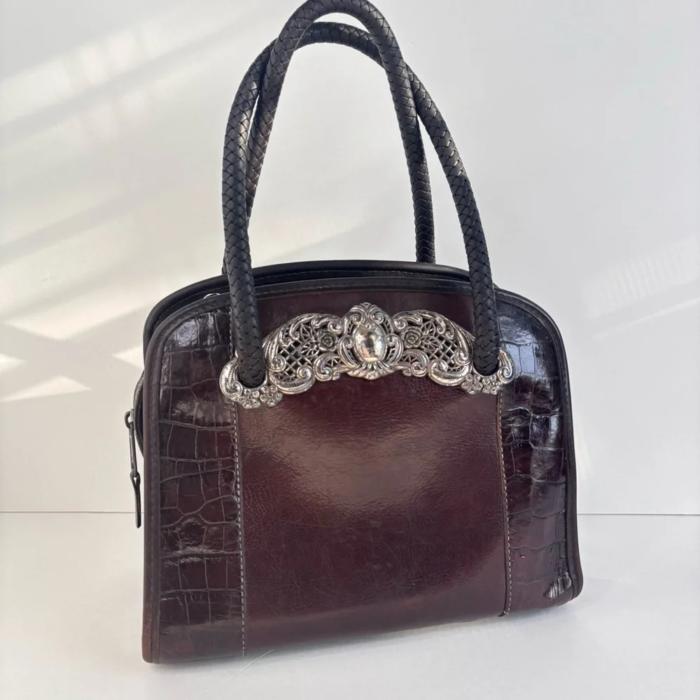 Vintage Brighton Brown Leather Silver Filigree Braided‎ Handle Handbag A162006